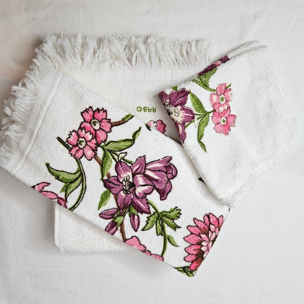 Vtg Cannon JCPenney Floral Bath, Hand Towel Washcloth Set White Pink Purple